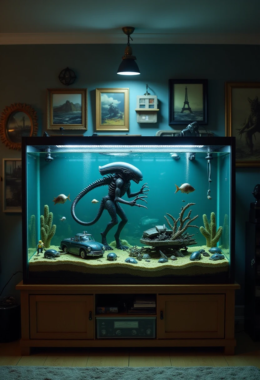 <lora:Aquarium_Ambience_Arranger_FLUX:0.8>
The image is a highly detailed photograph depicting an aquarium that has been designed to resemble a Xenomorph in a derelict space station. The aquarium is in a living room.