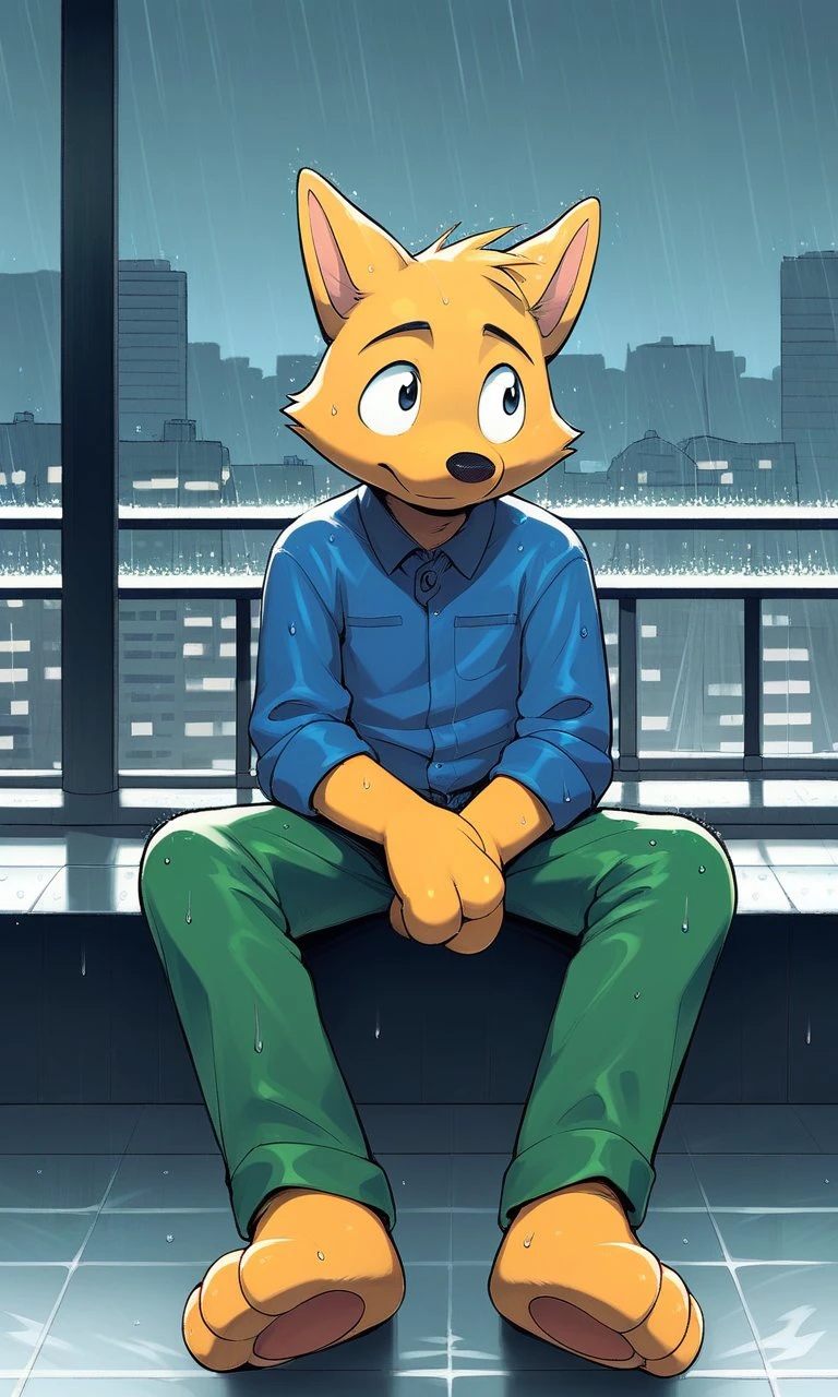 <lora:Zorori_-_Kaiketsu_Zorori_Pony_XL:1> Score_6_up, Score_7_up, Score_8_up, solo, 1boy, Zorori, yellow fur, black eyes, blue shirt, green pants, city, rain, indoors, looking outside, sitting