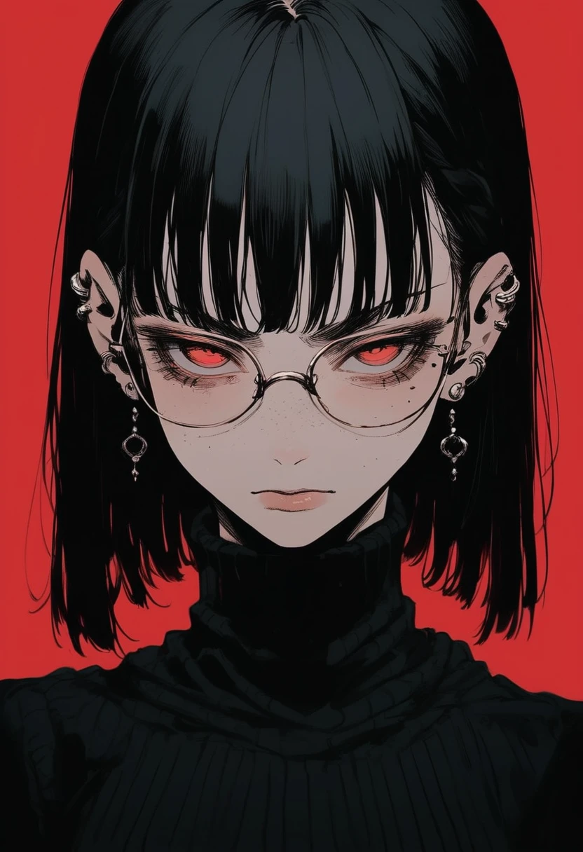 score_9, score_8_up, score_7_up, flat color, gthan, gothic, 1girl, solo, glasses, red background, red eyes, black hair, piercing, looking at viewer, earrings, ear piercing, jewelry, mole, simple background, sweater, portrait, turtleneck, closed mouth, mole under eye, freckles, bangs