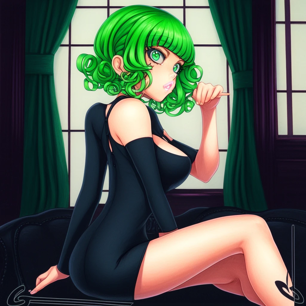 tatsumaki, green hair, lips, black dress, thighs