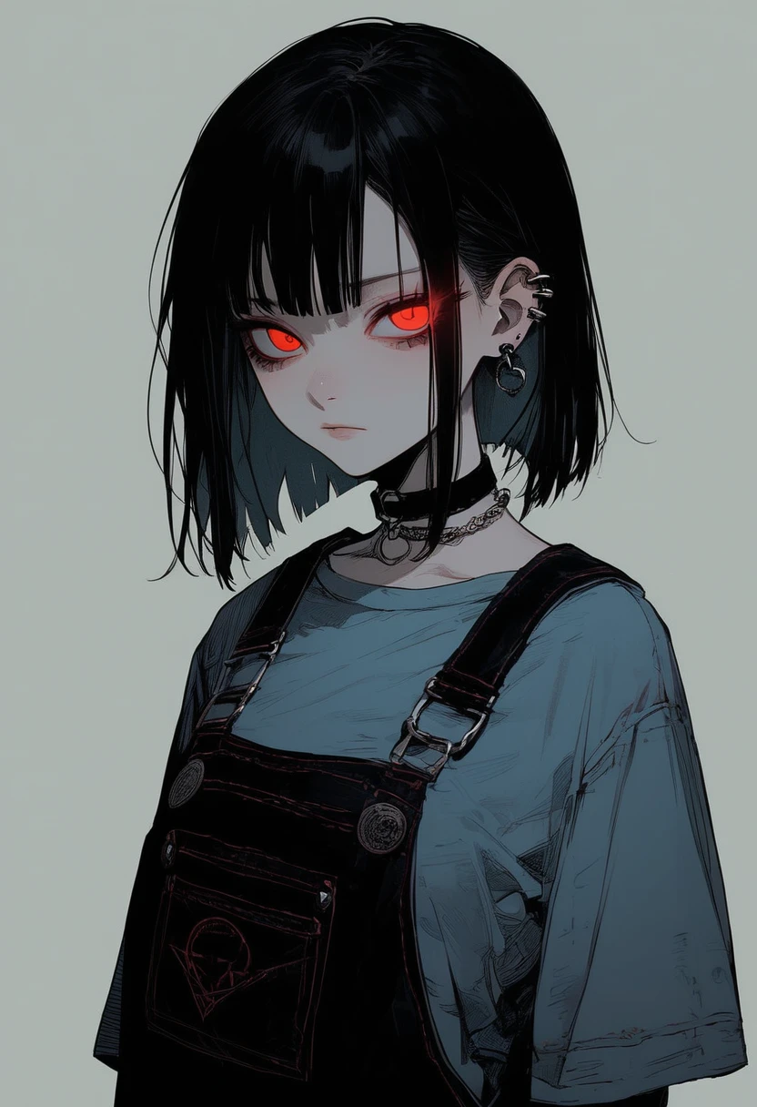 score_9, score_8_up, score_7_up, flat color, gthan, gothic, 1girl, red eyes, jewelry, earrings, black hair, solo, glowing eyes, looking at viewer, shirt, upper body, choker, ear piercing, glowing, bangs, overalls, piercing, closed mouth, medium hair, dark, colored inner hair