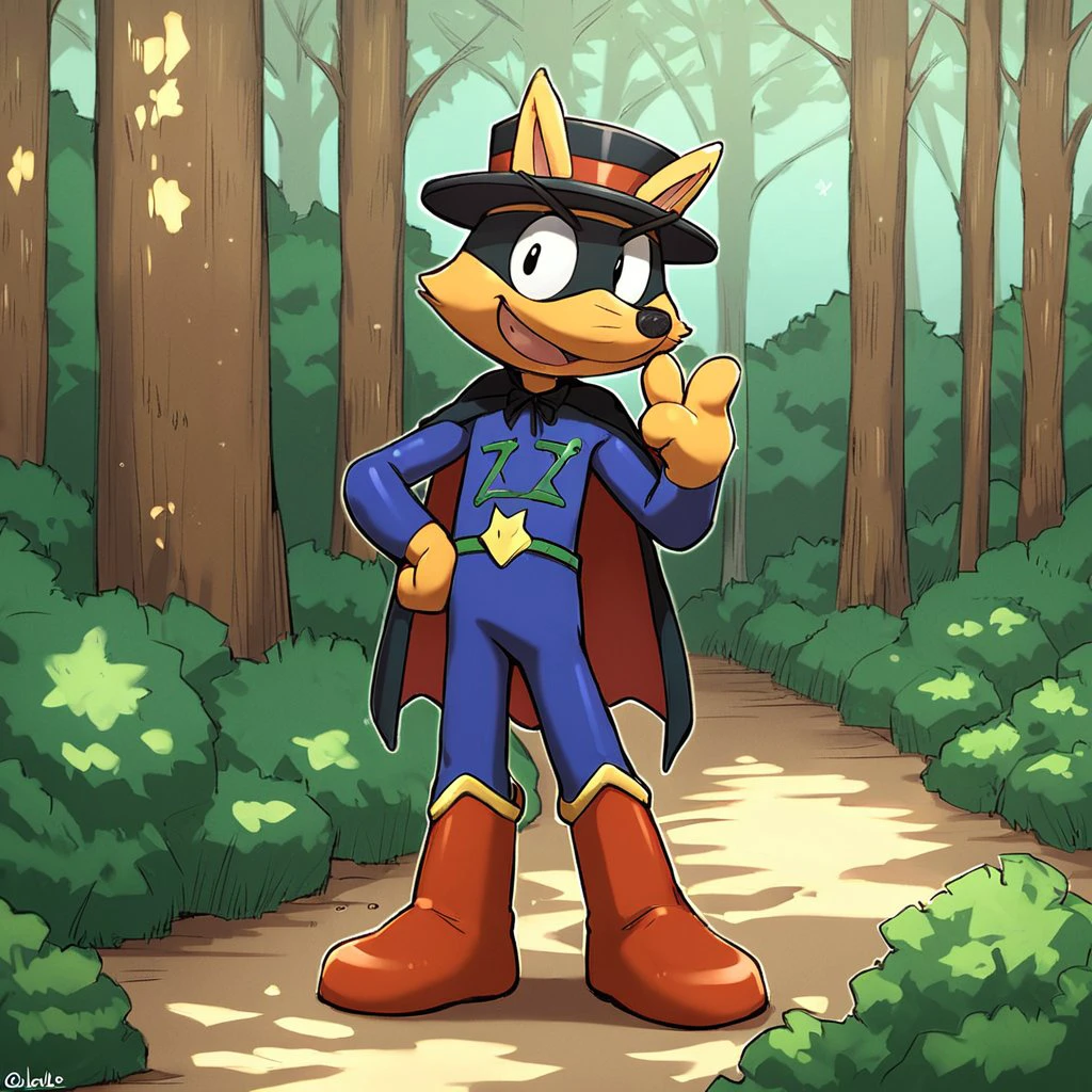 <lora:Zorori_-_Kaiketsu_Zorori_Pony_XL:1> Score_6_up, Score_7_up, Score_8_up, solo, 1boy, Zorori, yellow fur, black eyes, spandex, blue latex, green belt, black mask, black hat, two-sided cape, smile, happy, forest, standing, shade, bush, red boots, 3 fingers