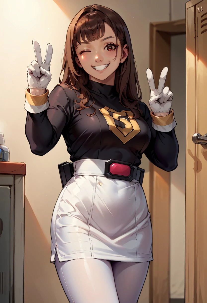 score_9, score_8_up, score_7_up, score_6_up, 1girl, long brown hair, asian, black ssentai bodysuit, smiling, wink, peace sign, medium breasts, white gloves, white ssentai belt, black ssentai skirt, white leggings, portrait, l0ckerroom, locker_room, Style-DoF, hands,