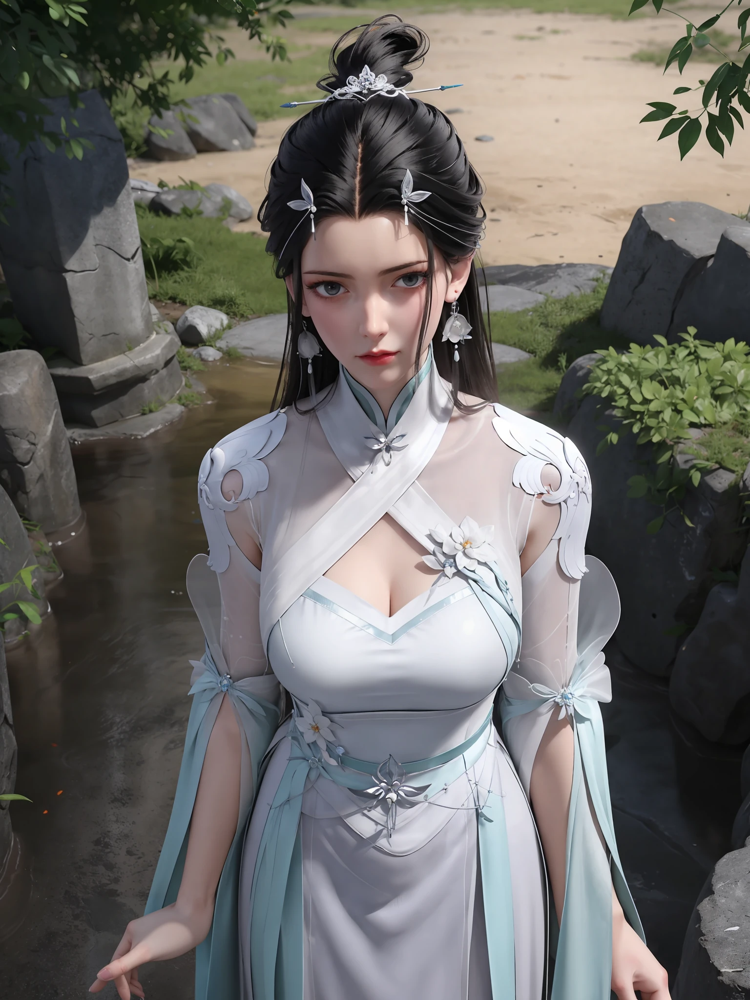 best quality,highres,absurdres,masterpiece,4k,
<lora:xiaoqingxue:0.7>,1girl,hair ornament,black hair,chinese clothes,hair bun,closed mouth,see-through,dress,earrings,long hair,solo,upper body,white dress,xiaoqingxue,cowboy shot,looking at viewer,dynamic pose,glowing eyes,
shiny skin,shiny clothes,(pale skin:1.2),(narrow waist:1.1),(flower:1.2),skinny,from above,looking up,