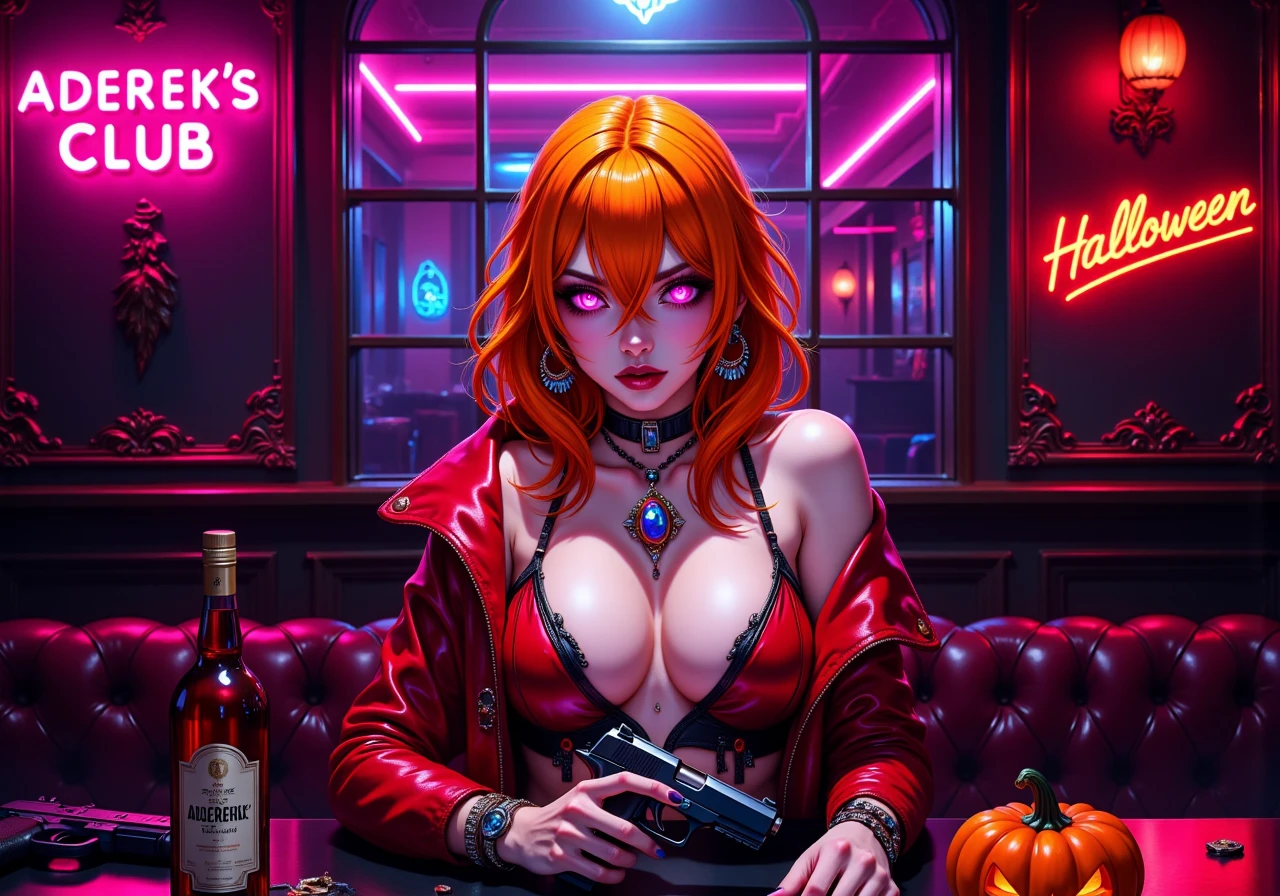 (masterpiece, the highest quality, ultra-high resolution).Hideaki Anno drawing style, flat illustration, medium shot, the character's calling card with dynamic pose, the most pathos image. Cyberpunk action.An incredibly beautiful young woman with orange hair in the role of an Information trader,Dressed in club urban clothes with lots of jewelry. The clothes are revealing, emphasizing the character's magnificent figure. The confident and arrogant gaze of the pink-hued cybernetic pupils seems to have been created to look down on the interlocutor. VIP room of a luxury night club with neon "Aderek's Club" on the wall on the left and "Halloween" on the right. In front of the heroine there is a table with bottles of alcohol and a pistol and a small pumpkin.Incredibly beautiful drawing, perfectly executed down to the smallest detail.,Flat Anime Niji Style,