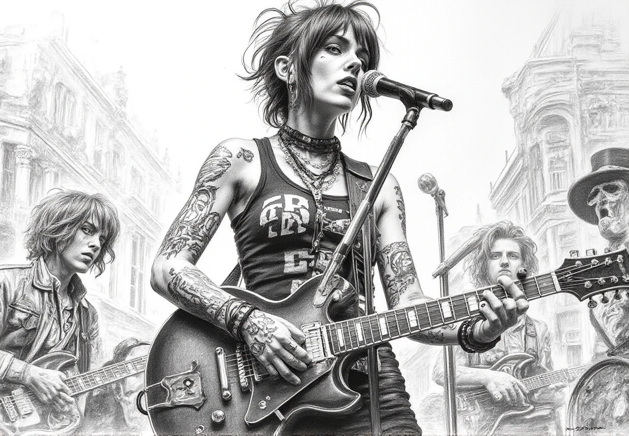 masterpiece on artstation, grey gradient  and trashy composition , (chiaroscuro shadows relief  :1.5)  black and white artistic  low angle view rough detailed   sketch   of a young punk woman with a lot of accessories for the look who sings trash with an electric guitar in her hand, on a stage of a bar with her musicians,   intricate background scenery . (visible pencil strokes:1.5)  <lora:flux-sketch:1.5> <lora:Boumboum:1>