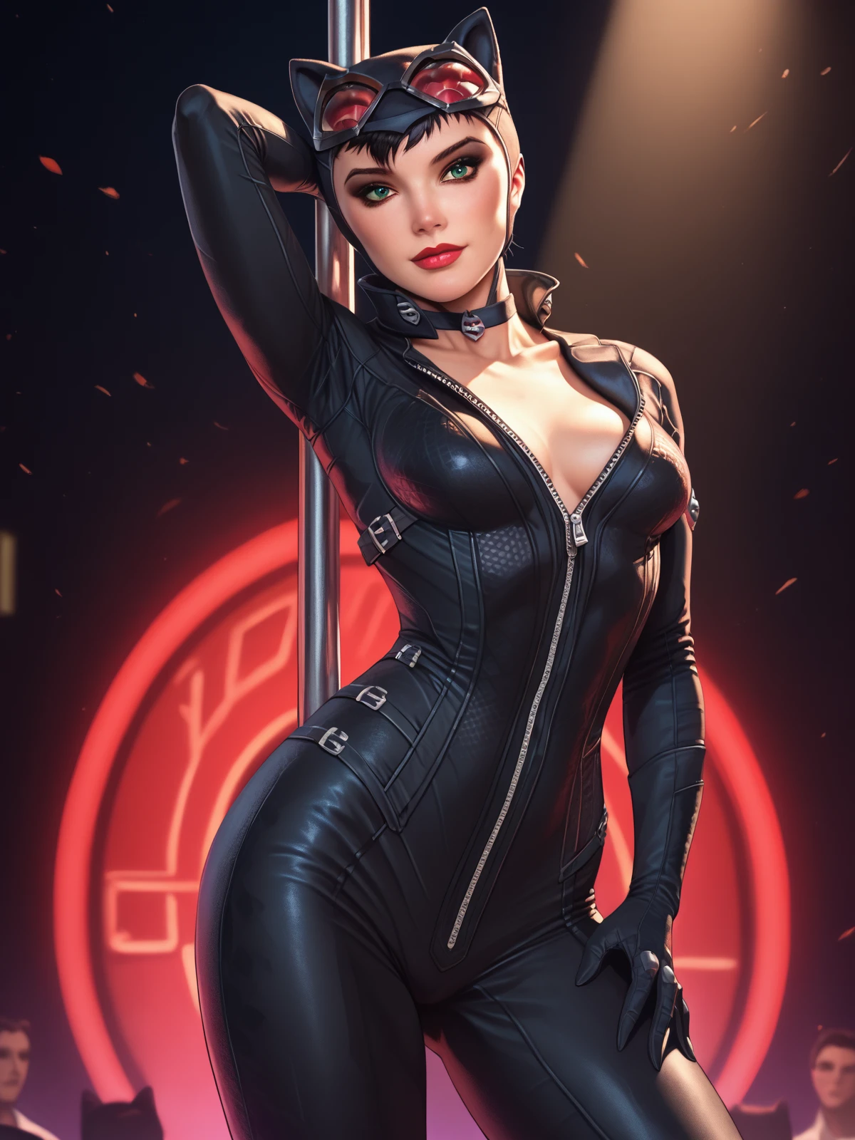 score_9, score_8, score_7,1girl,  catwomanwaifu, 2D, solo, medium breasts, cinematic, pole dancing, cartoon, short hair, curvy legs, wide hips,  seductive smile, black bodysuit, green eyes, cowboy shot, look at viewer, gloves, goggles, lips, makeup, realistic,  neon club background,<lora:add-detail-xl:1>, <lora:Catwoman_character:1>