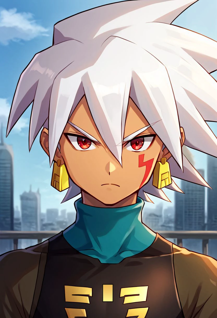 source anime,highly detailed,score 9,score 8 up,score 7 up,solo,1boy,male focus,solo (mega man),white hair, spiked hair, hair between eyes, red eyes, dark skin, bodysuit, crest, earrings, long sleves, orange sleeve cuffs,upper body,((city)),looking at viewer, facial mark,frown,closed mouth, cowboy shot <lora:SoloMMSF:0.8>