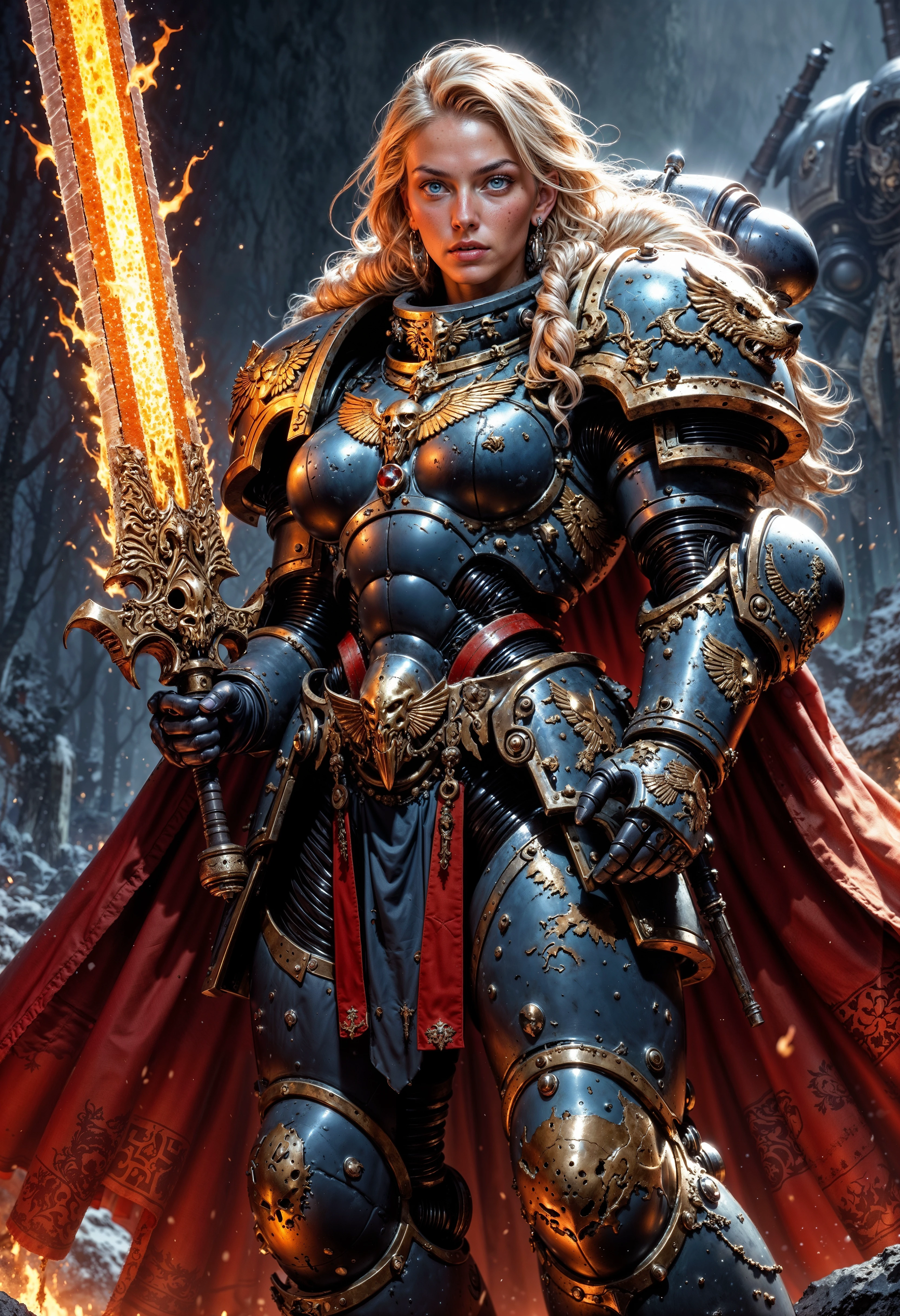 blonde female knight, wearing SpaceW40K power armor, and holding a flaming sword <lora:FluxSpaceW40K:1> <lora:FluxMythP0rtr4itStyle:0.7>