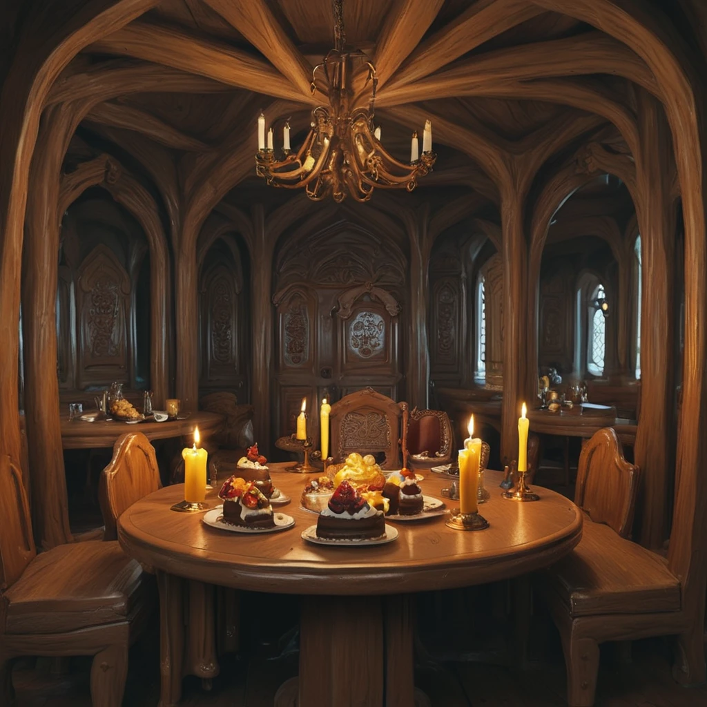 <lora:Chocoslime_DX_V8b_-_CyberRealistic_Pony:1>,score_9, score_8_up, score_7_up, beautyful color, aesthetic, chocoslime, a big chocolate cake in a medieval restaurant, wooden tables, big candles, restaurant, medieval, big cake, symmetrical, centered, realistic, (big chocolate cake:1.2)