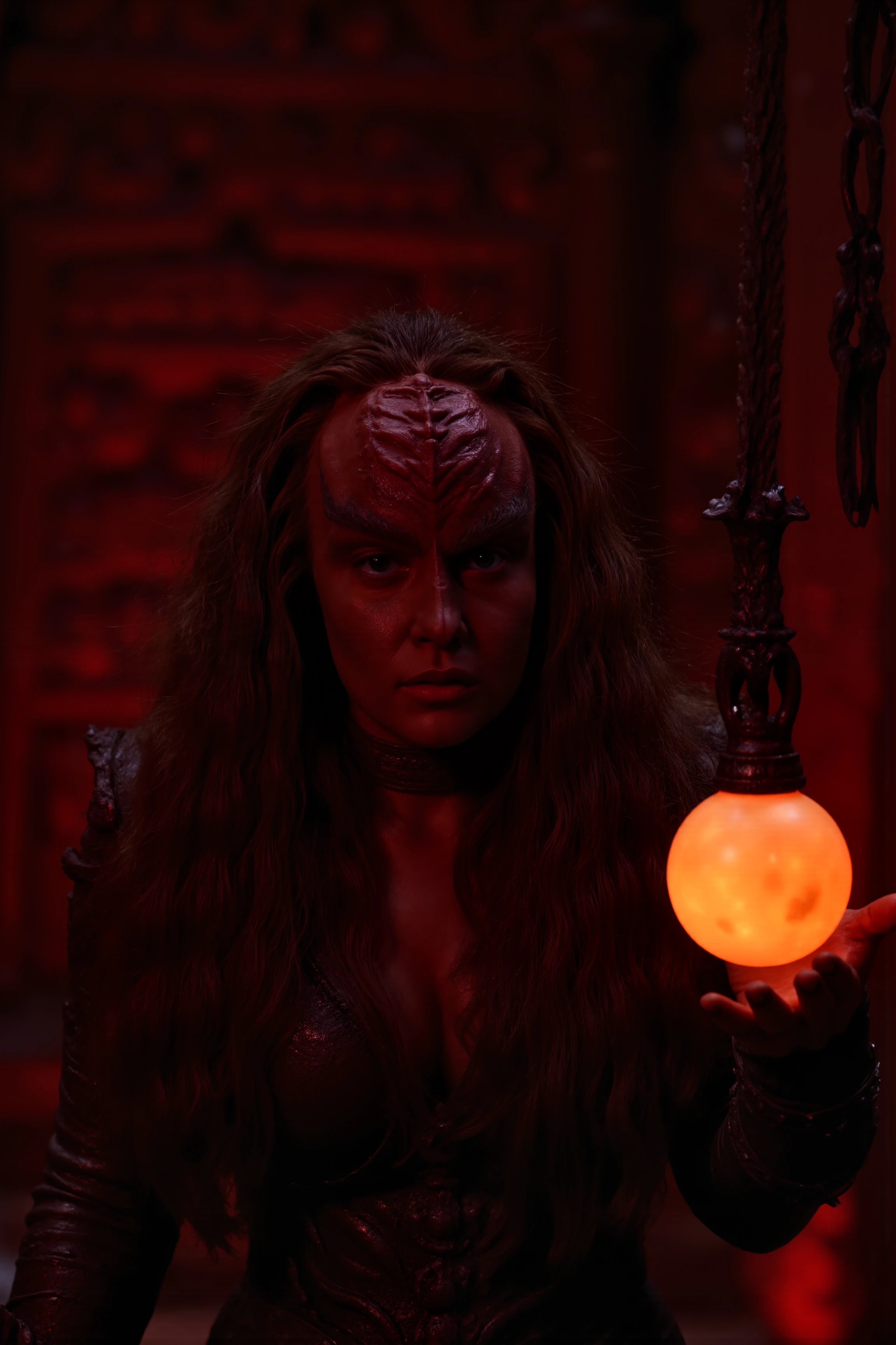 A hyper-realistic portrait, photorealistic photo close-up image of  A Klingon woman kneels in a sacred shrine, clad in her full, gleaming armor, her forehead ridges glistening with sweat. Before her, two symbols of her heritage hang suspended in the air: the batâleth, representing honor and war, and a glowing orb, symbolizing the spiritual realm and the ancestors' wisdom. The shrine is dark, with a smoky, blood-red hue, casting long shadows across her face, emphasizing her intense expression. She reaches out with one hand toward the batâleth, her warriorâs instincts pulling her toward violence, while her other hand hesitates near the orb, as if drawn by something deeper within her soul. Stone walls, covered in ancient Klingon script, echo with the distant hum of chants. The room pulses with the tension between violence and reflection, between bloodshed and spiritual enlightenment. (photography, high-resolution, dynamic, energetic,hyper-realistic, dramatic lighting, shallow depth of field.)<lora:aidmaMJ6.1-FLUX-V0.1:0.6><lora:Movie_Portrait><lora:Flux DetailerV2><lora:klingon_FLUX:1.1>