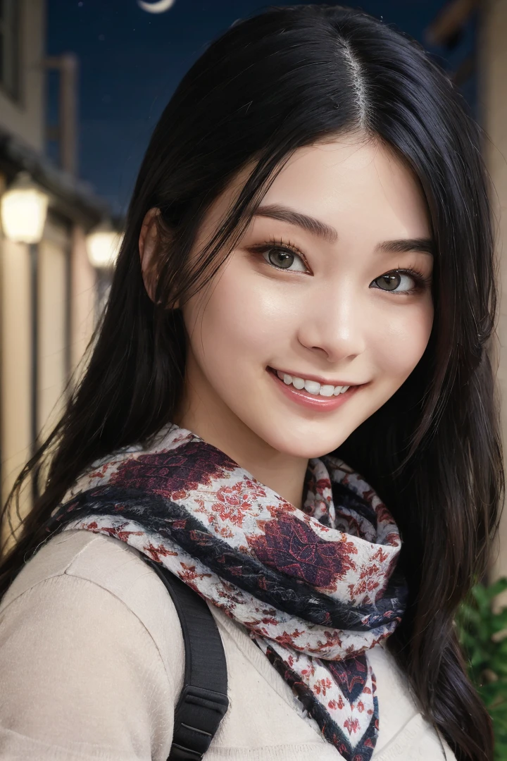 1girl,solo,long hair,black hair,black eyes,smile,teeth,school uniform,scarf,looking at viewer,outdoors,((night)),alley,portrait,blurry,realistic,Highly detailed,(ultra-detailed),(best quality,masterpiece:1.5),<lora:Suzu:0.65>,