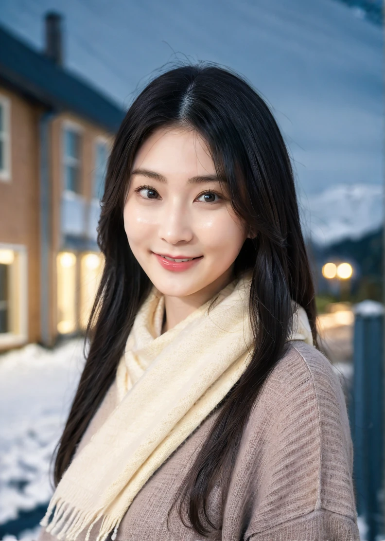 1girl,solo,long hair,black hair,black eyes,smile,((closed mouth)),sweater,scarf,looking at viewer,outdoors,((night)),nature,road,snow,portrait,blurry,Highly detailed,(ultra-detailed),(best quality,masterpiece:1.5),<lora:Suzu:0.65>,<lora:ç»èè°æ´:0>,