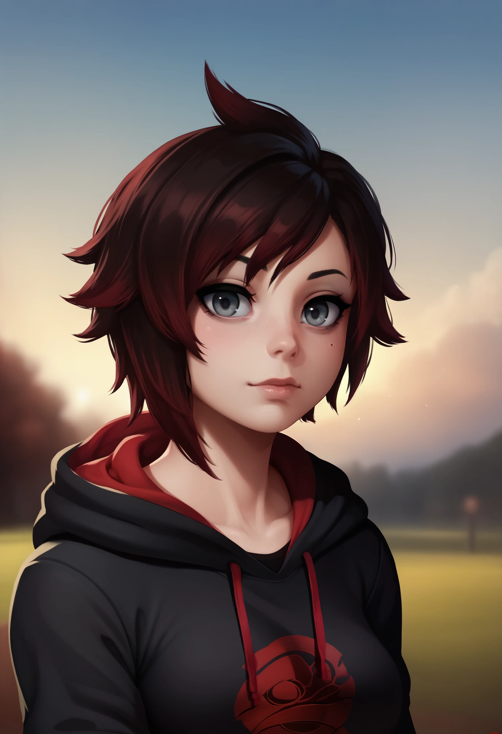 <lora:jlullaby-guy-PONY-DORAv1:1>, jluby, score_9, score_7_up, 1girl, solo, breasts, black hoodie, depth of field, portrait, looking at viewer, grey eyes, ruby rose