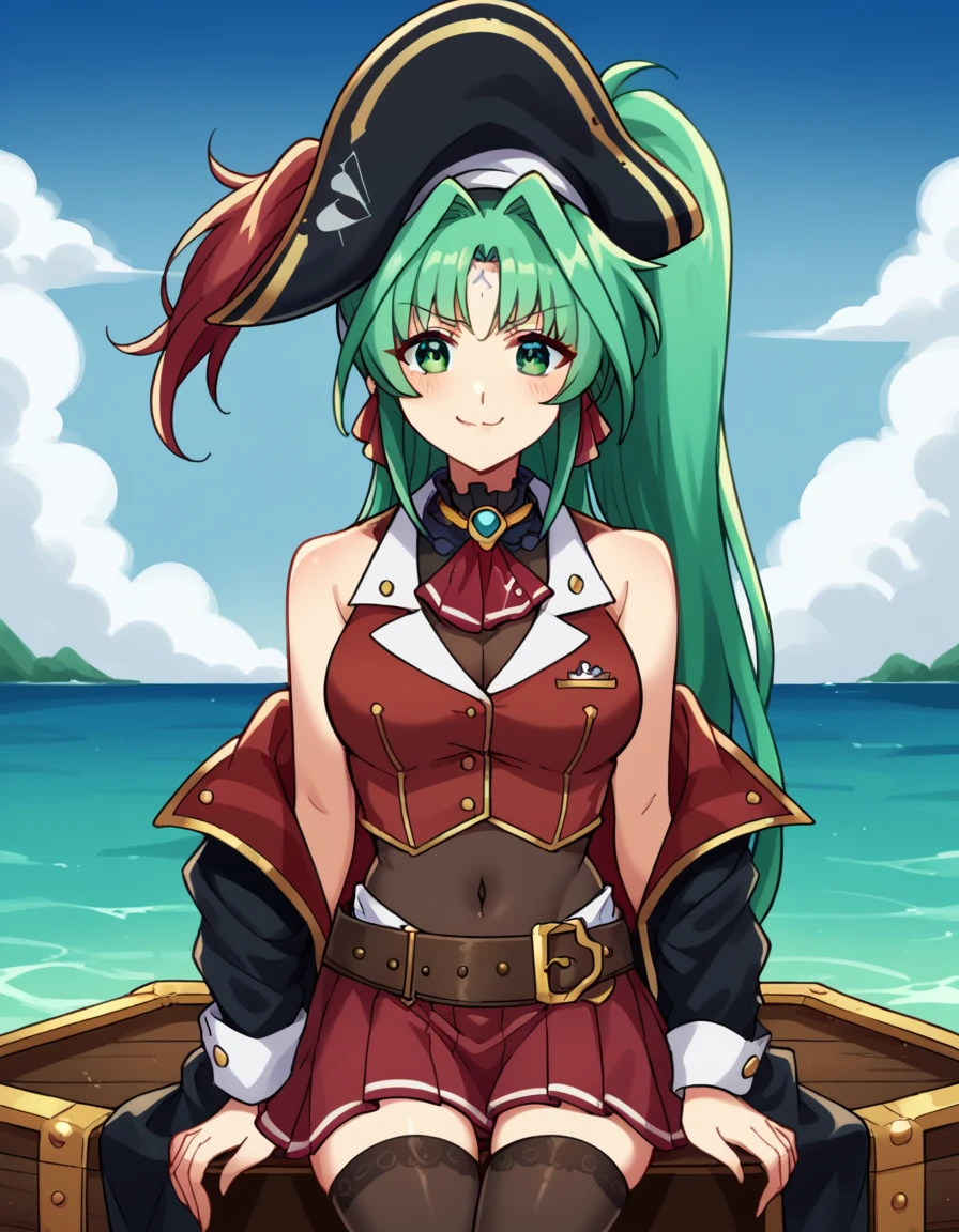 score_9, score_8_up, score_7_up, source_anime, <lora:lindy-harlaown-movie2-ponyxl-lora-nochekaiser:1>, lindy harlaown, long hair, very long hair, green eyes, ponytail, green hair, facial mark, forehead mark, large breasts,, <lora:marine-houshou-cosplay-ponyxl-lora-nochekaiser:1>, marinehoushoucosplay, houshou marine (cosplay), ascot, belt, black choker, black coat, black thighhighs, brown belt, covered navel, cropped jacket, frilled choker, frills, jacket, leather belt, leotard, leotard under clothes, pirate hat, pleated skirt, red ascot, red coat, red jacket, red ribbon, red skirt, skirt, sleeveless, sleeveless jacket, thighhighs, two-sided coat, two-sided fabric,, outdoors, ocean, blush, smile, sitting, treasure, gold, treasure chest, smug, blue sky, clouds, boat, pirate ship, , dutch angle,