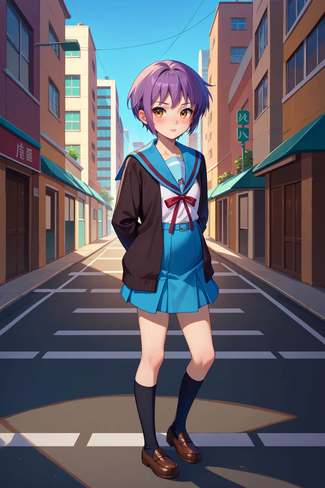 score_9, score_8_up, score_7_up, score_6_up, source_anime, 1girl, solo, <lora:nagatoyuki-pdxl-nvwls-v1-000005:1> yukinagato, purple hair, short hair, amber eyes, black cardigan, blue sailor collar, white shirt, neck ribbon, pleated skirt, blue skirt, blush, arms behind back, standing, black socks, loafers, full body, blue sky, city