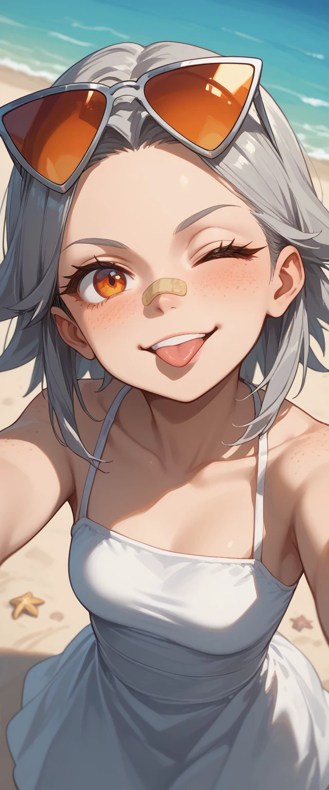 score_9, score_8_up, score_7_up, face focus, kamina shades, triangular Eyewear, selfie, from above, face focus, 1girl, orange nails, solo, gray hair, orange eyes, freckles, pink nose plaster, one eye closed, tongue out, smiling, sunglasses on head, white dress, beach, <lora:bb04e0a0-86bf-49e5-9a09-02ed4c9ae61a:1.0>