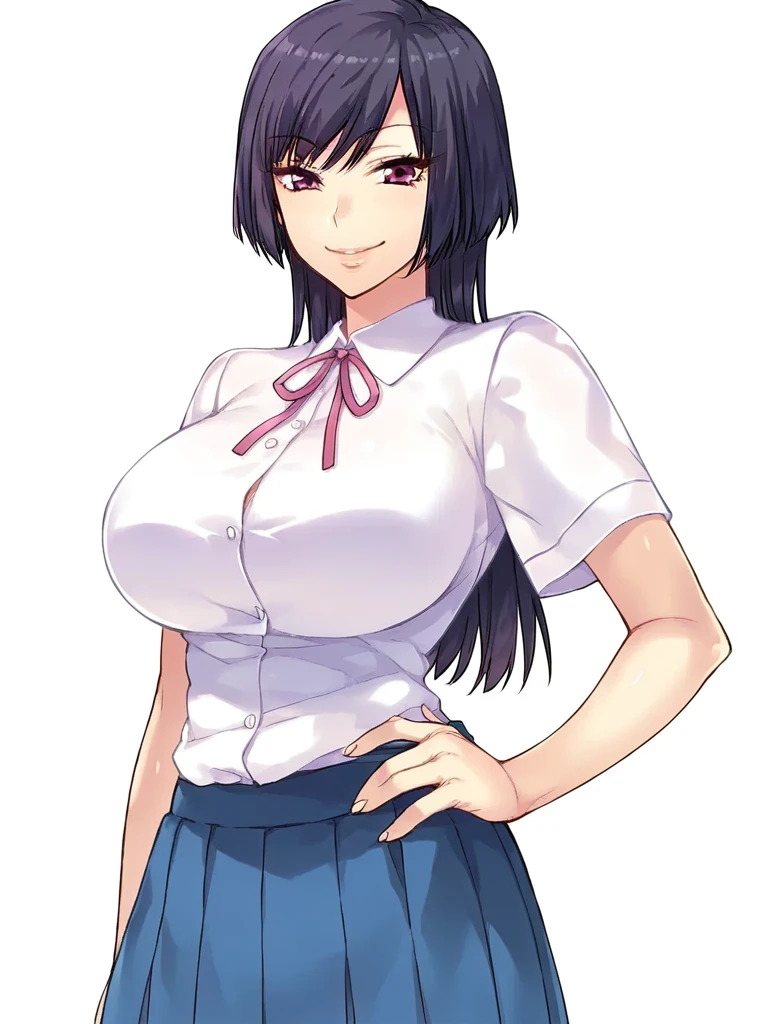 score_9, score_8_up, score_7_up,
1girl, manabe riri, black hair, long hair, pink eyes, large breasts,
standing, smile, looking at viewer,
white shirt, short sleeves, neck ribbon, blue skirt, pleated skirt, hand on hip,
white background,