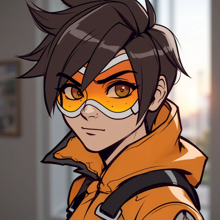 A dynamic and expressive portrayal of a young Tracer girl reminiscent of a hero in an action-packed world, her intense gaze full of determination. Sheâs the only character in the frame, radiating a sense of energy and purpose. Her posture and facial expression capture the essence of a warrior ready to take on any challenge, with a mix of confidence and a hint of playful mischief. The background suggests a futuristic setting, adding depth to her character as someone who thrives in fast-paced, high-stakes environments