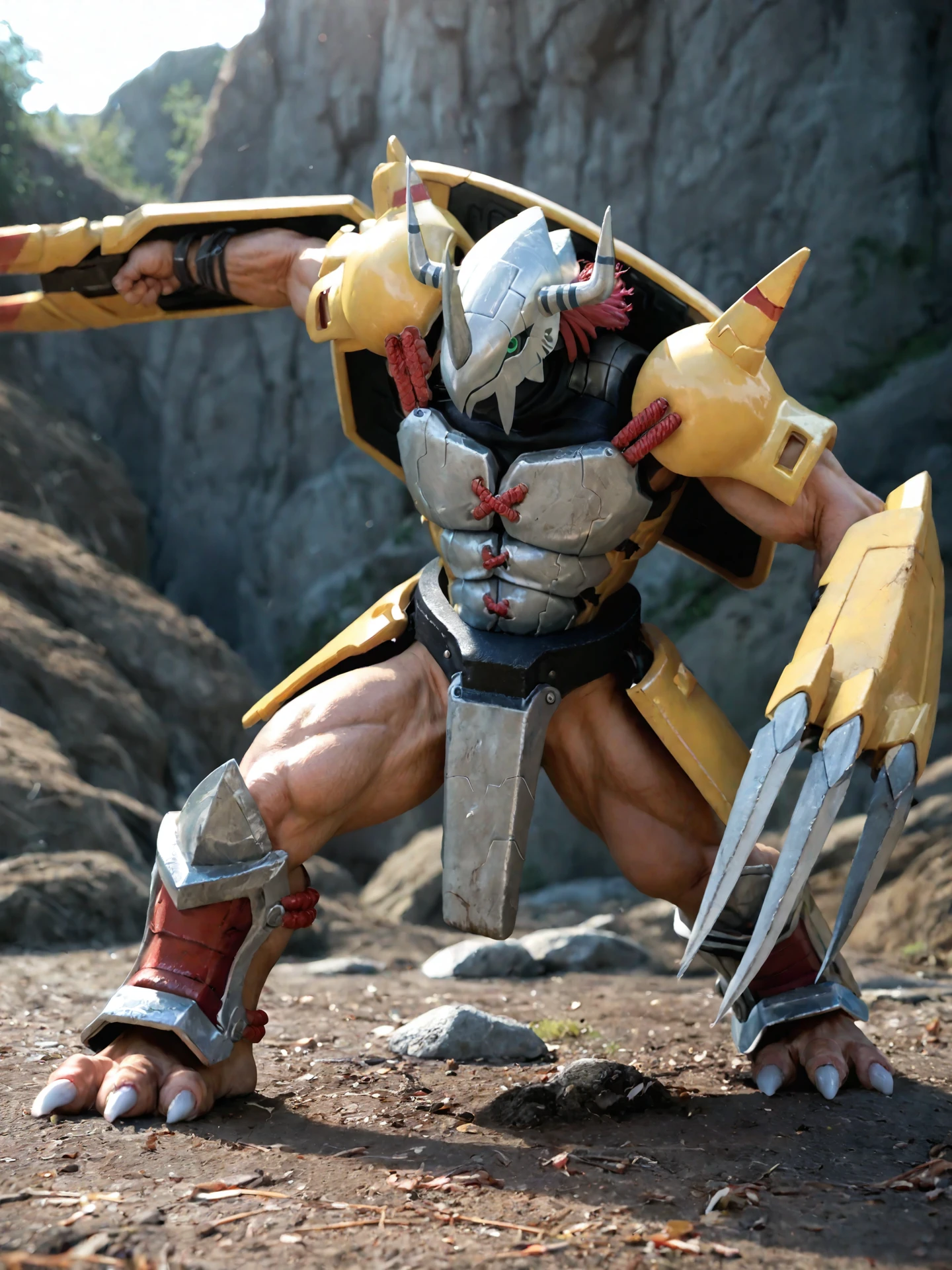 Wargreymon, digimon, scalie, Digimon (creature), muscular, green eyes, helmet, armor, barazoku, heavy breathing, fighting stance, outdoor, detailed background, weapon, claws, melee weapon, realistic, photo, photorealism, source_real, cinematic, hyperrealism, photorealistic cgi, photography, <lora:wargreymon_pdxl_v1:1>
 BREAK score_9_up,score_8_up,score_7_up,score_6_up,score_5_up,score_4_up,