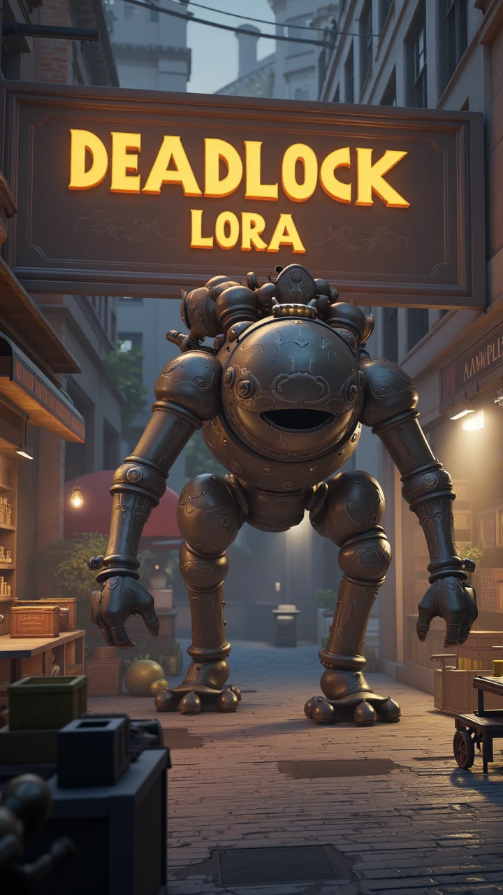 A huge sign with Text:"Deadlock Lora", A towering walker smashes through breakables in a dark shop to uncover hidden treasures.  appears, highlighting the action-packed scene.  , aidmaDeadlock