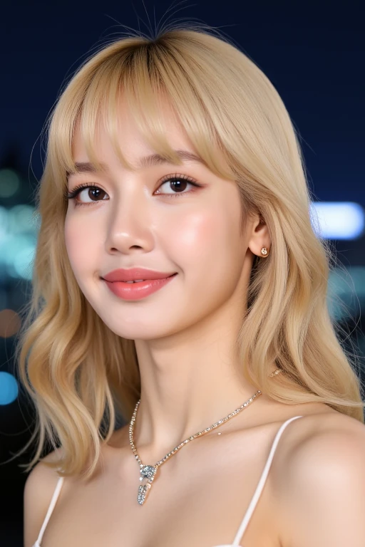 (close up shot), beautiful korean woman with natural makeup, natural lips, wavy platinum blonde hair, wearing sundress, city at night background, natural lighting, dslr, soft lighting, high quality, film grain, light reflections, blood vessels, pale skin, skin pores, blood vessels in sclera, detailed skin, skin fuzz, smile, bokeh, (no watermark). <lora:Tissue_Lisa_Flux_v1.0-LowRep:1>