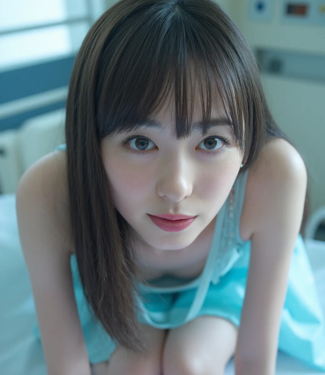 fukuhara,photo of A young woamn with long dark hair and bangs, She was very sexy, Short stature, revealing her cleavage and collarbone. snow-white legs, She was wearing a blue Transparent Minidress. She sat on the hospital bed. The background is a hospital ward. 

Studio lighting, Real skin texture. Blood vessels on the skin. 
﻿