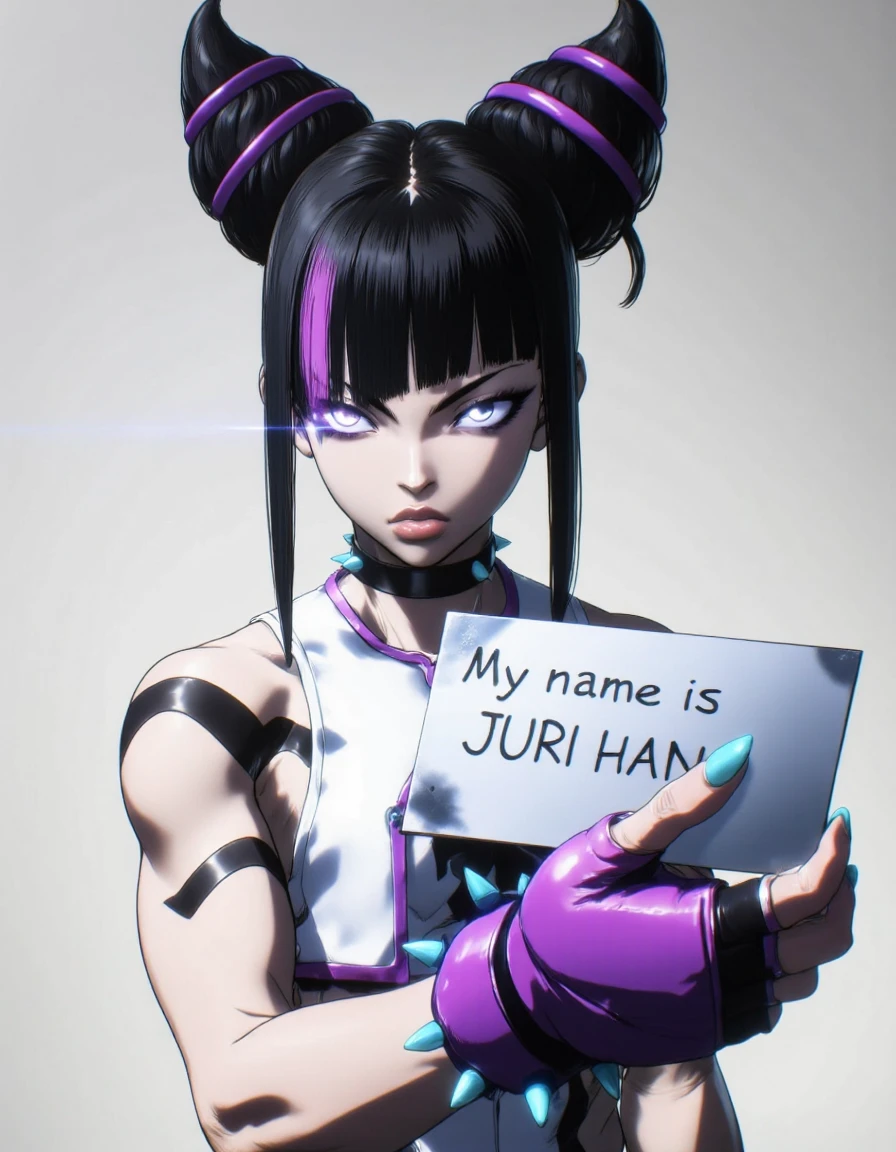 Anime style Women âââ <lora:Juri_Han_Fadoo-Flux:1> juriv1ff, juri han, black hair, hair horns, spiked bracelet, multicolored hair, gloves, white skin, hold panel write: "My name is JURI HAN", turquoise nail, violet left eyes shine glow <lora:FadooStyleV2_r1:1> FADOOSTYLEV2âââ
