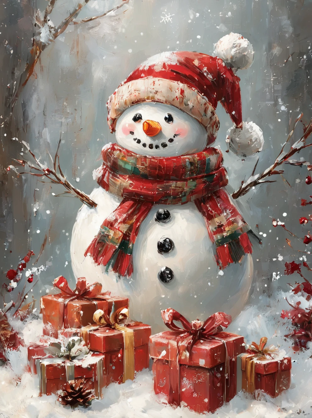 ,xueren,snowman,scarf,no humans,hat,snow,santa hat,gift,snowing,christmas,snowflakes,box,red scarf,blush,solo,carrot,winter,red headwear,gift box,branch,striped scarf,<lora:Christmas-wwm:0.8>