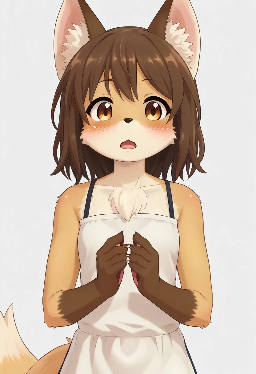 score_9, score_8_up, score_7_up, source_furry, kmc, <lora:FoxGirl_pony_v1:1>, anime screencap, furry female, furry, animal ears, tail, tareme, brown eyes, looking at viewer, blush, fox ears, brown hair, medium hair, open mouth, dress, fox tail, upper body, simple background, white background, <lora:p:0.3> <lora:Anime_Screencap:0.7>