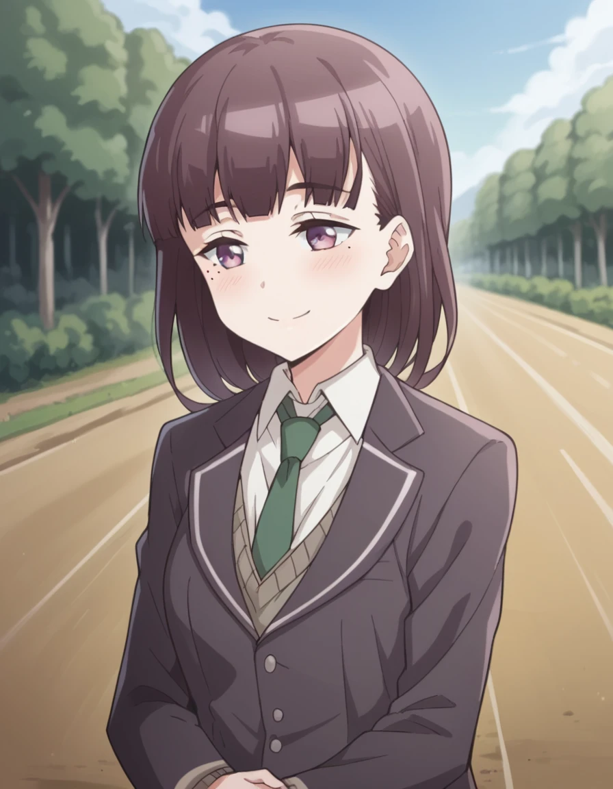 score_9, score_8_up, score_7_up, source_anime, <lora:hazuki-morikawa-s1-ponyxl-lora-nochekaiser:1>, hazuki morikawa, brown hair, purple eyes, medium hair, mole, mole under eye, medium breasts,, skirt, shirt, school uniform, jacket, white shirt, necktie, collared shirt, blazer, green necktie,, bike ride, countryside, dirt road, trees, afternoon sun, peaceful, alone, smile, , hands on stomach, blush,, solo,, dutch angle,
