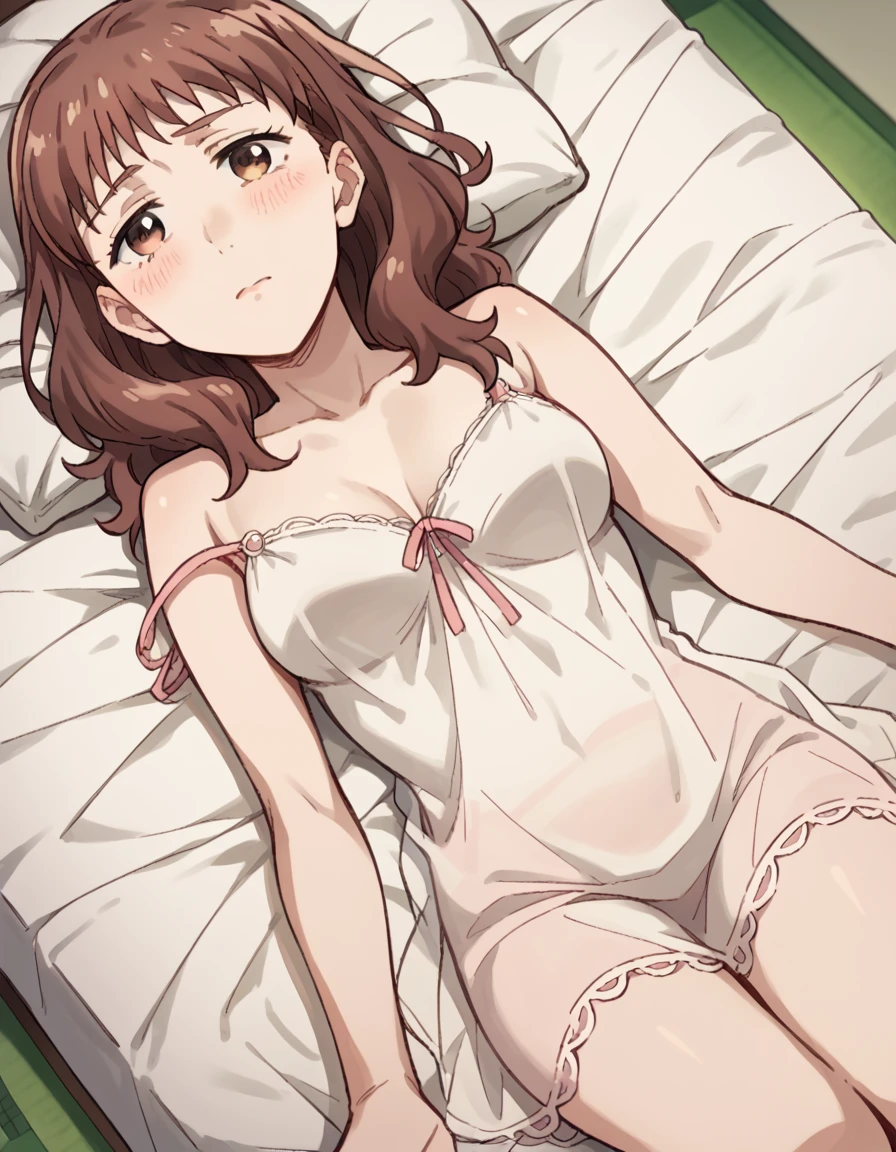 score_9, score_8_up, score_7_up, source_anime, <lora:arie-matsushima-s1-ponyxl-lora-nochekaiser:1>, arie matsushima, long hair, brown hair, brown eyes, medium breasts,, <lora:chemise-ponyxl-lora-nochekaiser:1>, chemise, strap slip, see-through, bare shoulders, collarbone, thighs,, indoors, bed, bed room, on back, on bed, blush, , dutch angle,