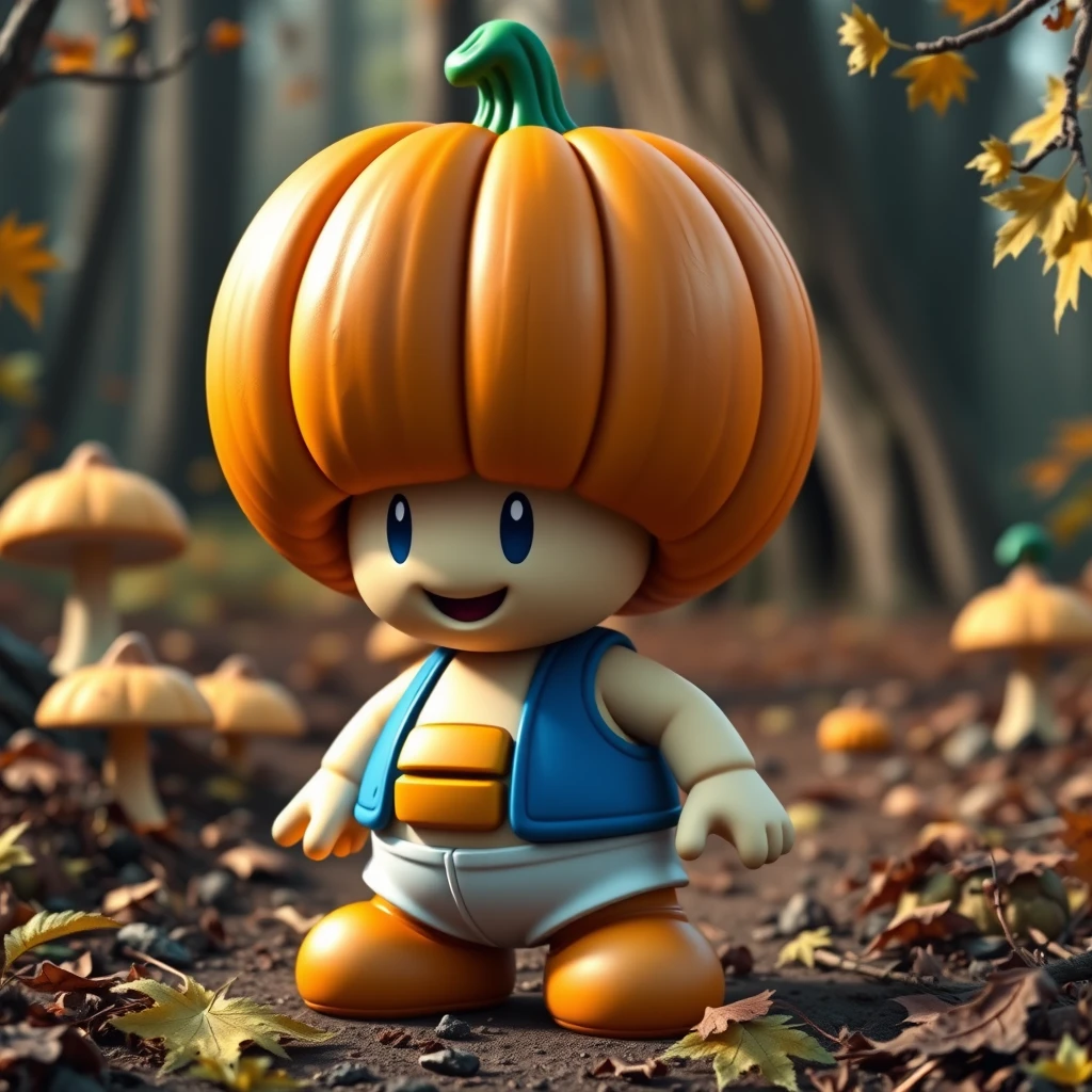 toad from supermario with a pampmpkn head made out of pumpkin. he is wearing a blue vest and a white shorts. he is in  a mushroom forest with autumn decoration in the background, cozy feeling