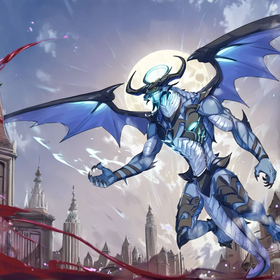 <lora:Volcanica:1>, volcanica, is an enormous dragon, who is covered in shiny pale blue scales, which are said to gleam like jewels, and seem sharper than a forged treasured sword, its thick paws are equipped with black, rock-like claws, its's face greatly resembles that of an earth dragon, with two large milky-white horns sticking out of each side of its head, finally, he has a pair of intelligent looking gold eyes, which emit a wise and awe-inspiring aura, another notable feature is the presence, of a mysterious white scar located directly underneath his jaw, it is said to be about 16 meters in height, solo, flying, in air, city, red sky, blood moon