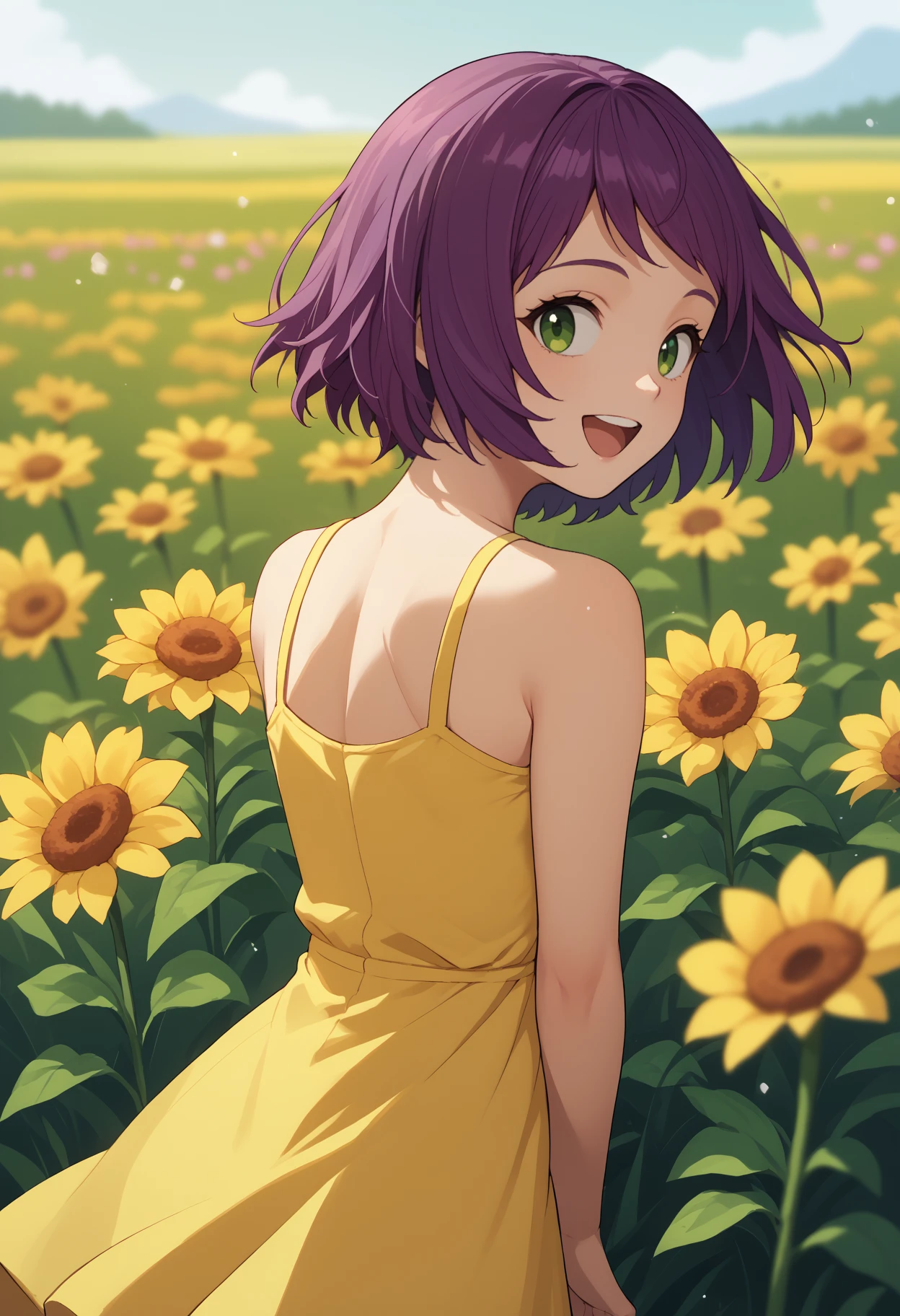 score_9, score_8_up, score_7_up, source_anime, <break> from behind, solo, 1girl, s0niastrumm, happy, open mouth, upper teeth, looking back, short hair, purple hair, green eyes, yellow sundress, bare shoulders, outdoors, flower field
<segment:yolo-face_yolov8m.pt,0.4,0.5//cid=1>