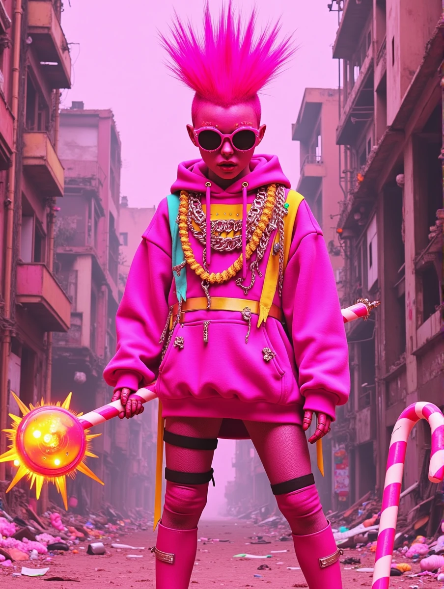 pirai, A fierce-looking figure in an oversized bubblegum-pink hoodie, covered with chains and studs, wielding a lollipop staff that’s spiked and glowing. They have bright pink hair styled in mohawk spikes, and they’re standing in front of a dilapidated cityscape, where pastel colors contrast with dark, grimy buildings. The ground is littered with shattered candy canes and bits of broken glass, giving a raw, edgy vibe.