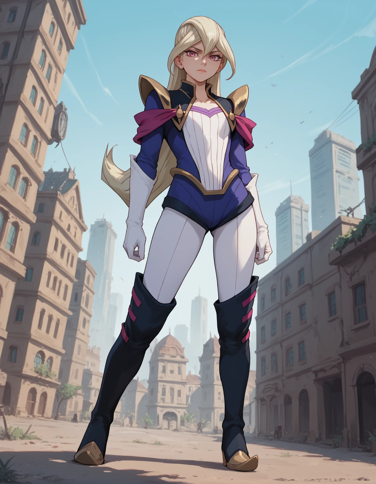 score_9, score_8_up, score_7_up, score_6_up, score_5_up, score_4_up,   <lora:gloriatyler:1> gloriatyler, shoulder pads, bodysuit, solo, white gloves, elbow gloves, thigh boots, looking at viewer, outside, city, full body