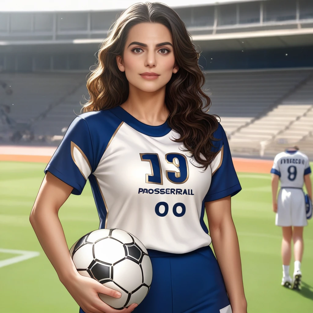 score_9, score_8_up, score_7_up, source_anime, professional photograph of Claudia woman, she has long hair, wavy hair, dark hair, is looking at the viewer, she's a football player, at a soccer stadium, soccer wear, rating_safe, <lora:Claudia Doumit Pony-000006:1>