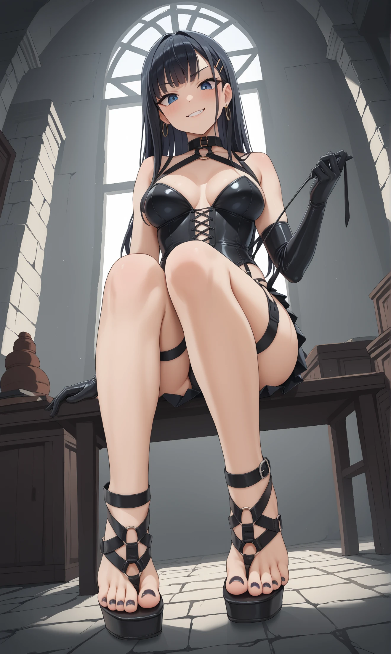 masterpiece, 最high quality, High resolution,  Final Fantasy 7、Tifa Lockhart、Black torn clothes 、Black ripped pantyhose、Dark church at night、sexy、Wearing a mini skirt、Thin legs、Big Breasts、Slim figure、high quality　CG Tone、Torn black panties、Surrounded by sadistic women、Sitting in a chair and being restrained、Black blindfold、While wriggling the body、trembling、周りの女性はバイブレーターをTifa Lockhartの性器と乳首に押し当てる、Forceful spurt of clear fluid from the genitals、周りの女性がTifa Lockhartに透明なローションを大量に注ぐ、Intense orgasm moment、panting loudly、Please open your mouth wide