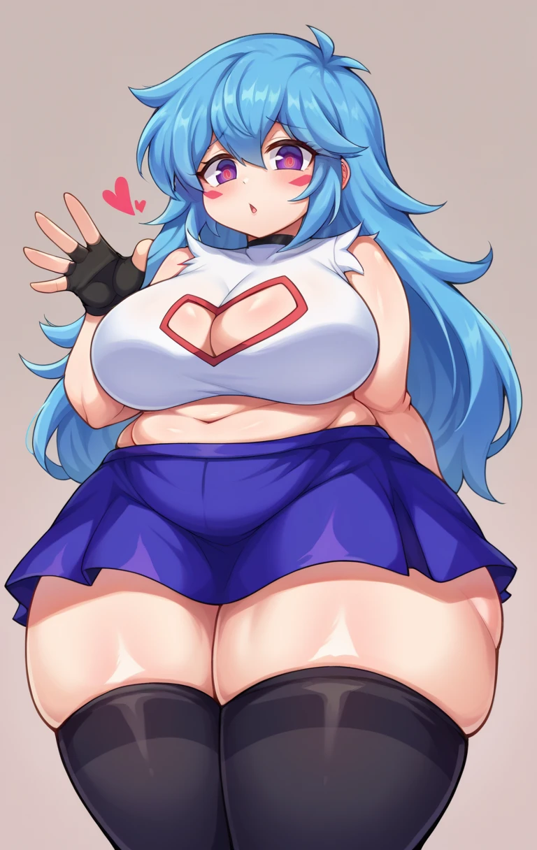 score_9,score_8_up,score_7_up BREAK <lora:skyblue:1>,SkyblueFNF,1girl,solo,long hair,skirt,large breasts,thighhighs,navel,cleavage,blue hair,purple eyes,heart,thighs,sleeveless,midriff,black thighhighs,miniskirt,blue skirt,crop top,clothing cutout,thick thighs,cleavage cutout,curvy,wide hips,plump,fat,heart-shaped pupils,blush stickers,:3,yandere,fingerless gloves,heart cutout,cowboy shot,room,room background,from below,