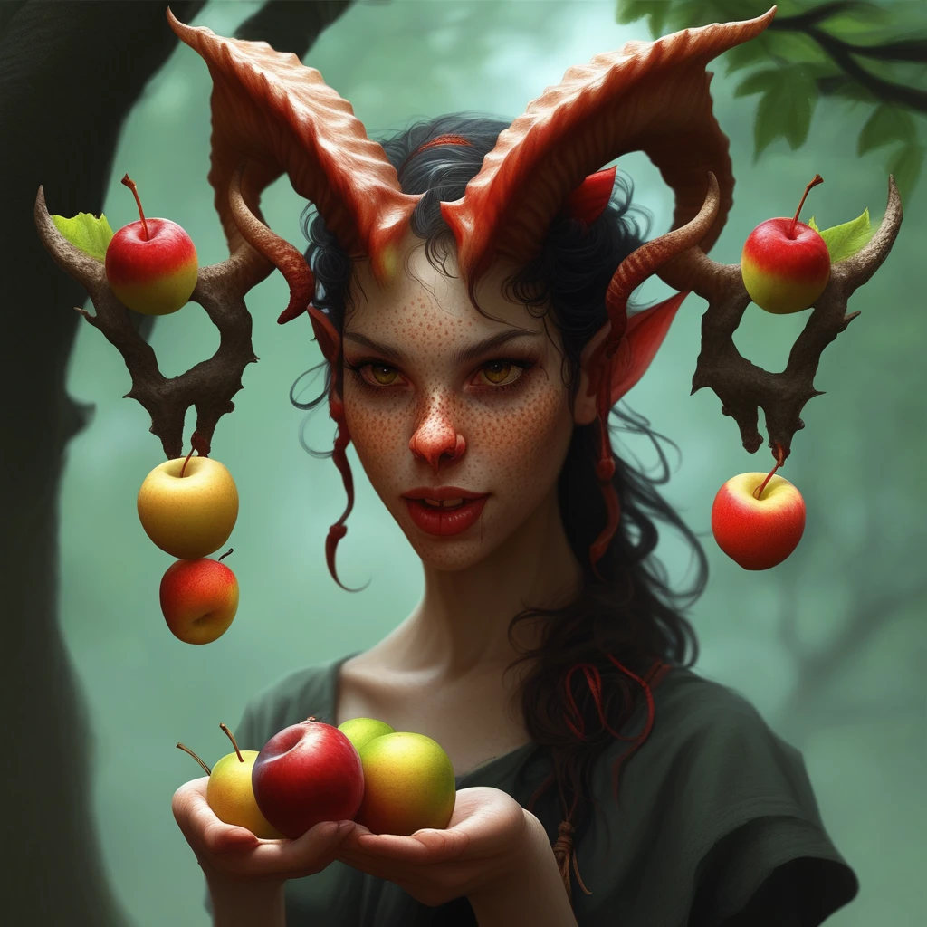 score_9,score_8_up,score_7_up,score_6_up, a female freckled Tiefling demon horns holding fruit by a tree