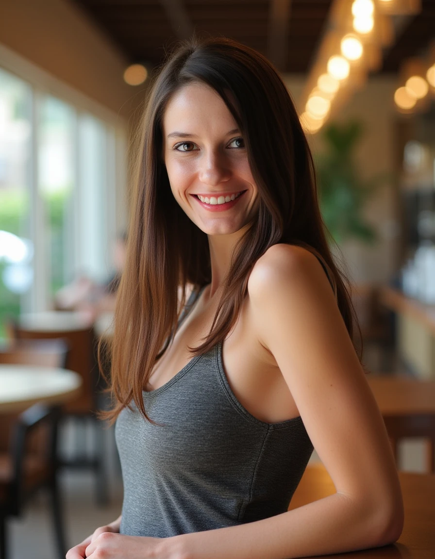 <lora:Rilee_Marks_Flux:1>  beautiful detailed photograph, straight brown hair cascading over her shoulders, wearing a dress, standing in cafe looking at the viewer, smiling