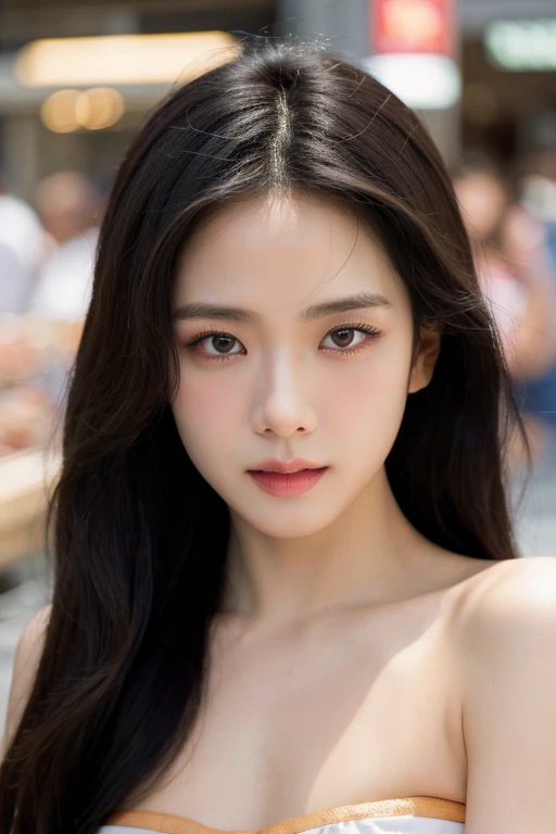 masterpiece, best quality, ultra-detailed, ultra high res, (photorealistic:1.4), raw photo, (realistic:0.2), 8k HDR, realistic cool temperature lighting, (asian:0.2), 1girl, solo, asymmetrical hair, outdoor, (traditional market:1.2), bokeh, (detailed lips), (detailed pores), (detailed skin textures), (detailed face:1.2), (upper body:1.2), a woman in a strapless tube dress, promotional image, a character portrait,