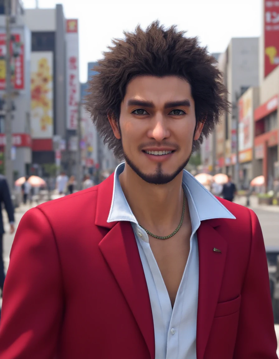 Upper body photo of ichbnksg wearing a gold necklace and red suit with white shirt underneath. His hair is styled in punch perm. He is smiling while looking at the camera. The background implies a Japanese city street at daytime. <lora:Ichiban_Kasuga_-_Flux:1>