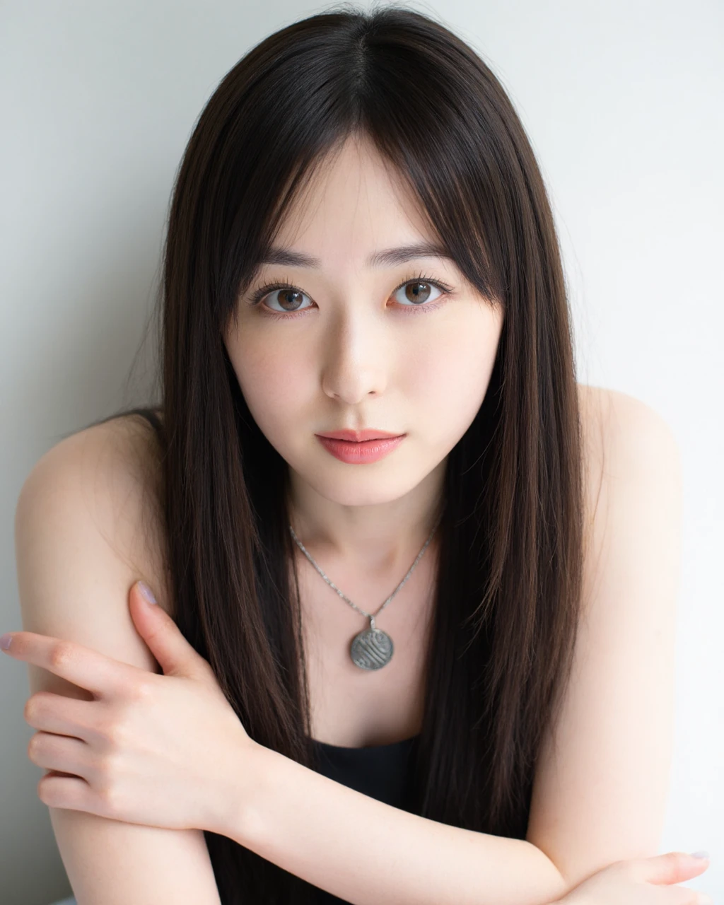 fukuhara, The image is a close-up portrait of a young woman with shoulder-length dark hair. She is looking directly at the camera with a serious expression on her face. The woman is wearing a silver necklace with a circular pendant. Her arms are crossed over her chest and her body is slightly turned to the side. The background is a plain white wall. The lighting is soft and natural, highlighting the woman's features. The overall mood of the image is serious and contemplative.