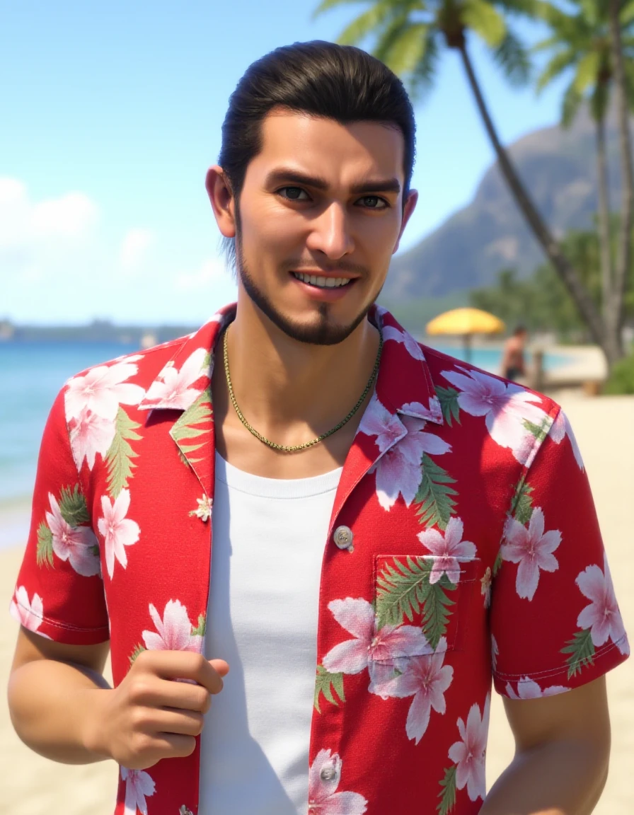 Upper body CGI portrait of ichbnksg wearing a gold necklace and red short-sleeved shirt with tropical flower motif and white t-shirt underneath. He has ponytail. He is smiling while looking at the camera and making a pose. The background implies a tropical beach at daytime. <lora:Ichiban_Kasuga_-_Flux:0.8>