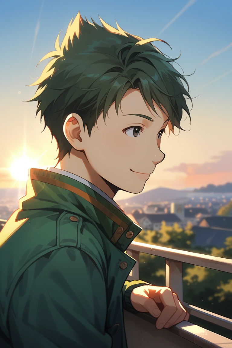 score_9, score_8_up, score_7_up, source_anime, rating_safe, evening, sunset, lens flare, natural lighting, railing, male focus, leaning forward, looking away, JusticeAC, black_Kimura_eyes, green_Kimura_hair, green jacket, smile, closed mouth, happy, 1boy, blurry outdoors, from side, intricately detailed illustration, depth of field, atmospheric perspective, scenery