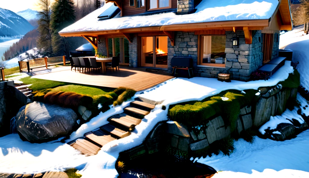 ultra-realistic image with high resolution and stable focus correct and accurate anatomy, correct and accurate objects, perfect detail, in the architectural style of a family house built of stone and wood merging with nature, designed for ecological neutrality of natural materials, in the mountains, forest ,garages,wide porch,outbuildings,table chairs,barbecue,fire pit,swimming pool,cut into the rocks,grass roof,steps,stone path,waterfall,lake,river,ultra realism,photo realism,single story,multi story,slope, wind generators, solar panels, sunset, (winter season), snow, frozen lake, close-up <lora:MJ52_v2.0:1> <lora:xl_more_art-full_v1:1> <lora:houses_merging_with_the_natural_environment_r1:0.4>