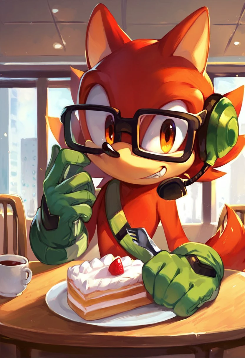 score_9, score_8_up, score_7_up, male, solo, Gadget the wolf, glasses, headset, army gloves, army boots, yellow utility bet, tail, red fur, smile, looking at viewer, table chair, cafe, indoors, cup, plate, fork, cake