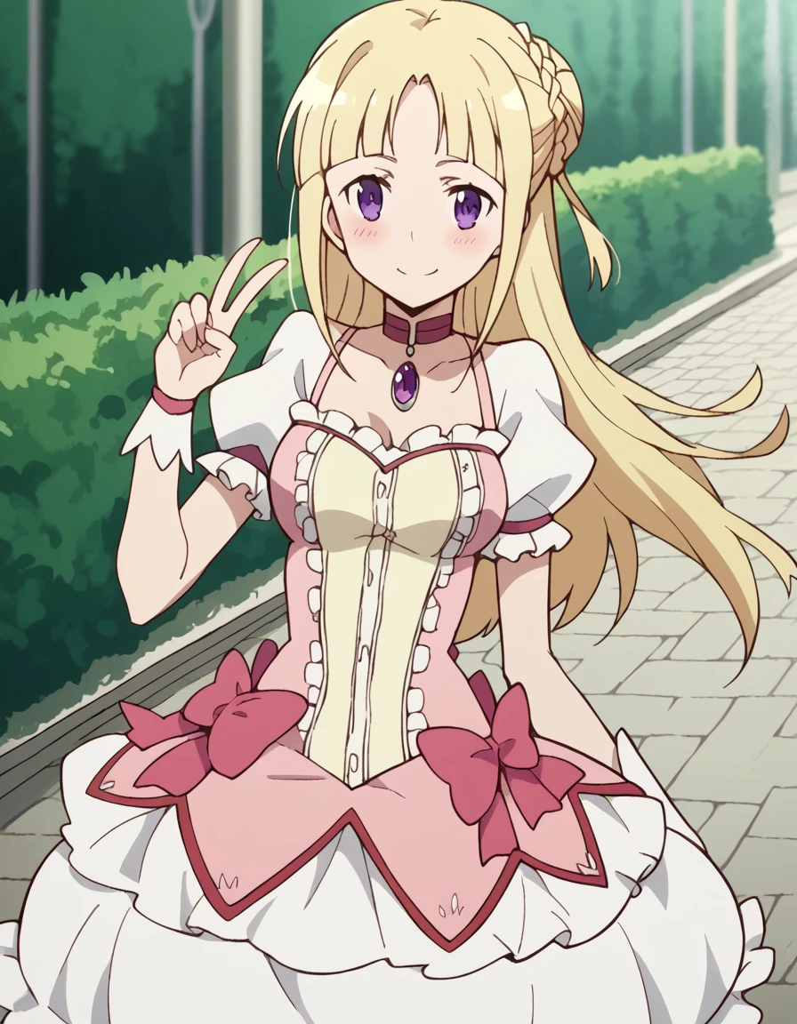 score_9, score_8_up, score_7_up, source_anime, <lora:ortfine-fredericka-von-eylstadt-s1-ponyxl-lora-nochekaiser:1>, ortfine fredericka von eylstadt, long hair, blonde hair, purple eyes, braid, hair bun, single hair bun, medium breasts,, <lora:kaname-madoka-cosplay-ponyxl-lora-nochekaiser:1>, kanamemadokacosplay, kaname madoka (cosplay), chest jewel, dress, frilled dress, frills, magical girl, neck ribbon, pink dress, puffy short sleeves, puffy sleeves,, outdoors, streets, smile, blush, v, v over eye, , dutch angle,